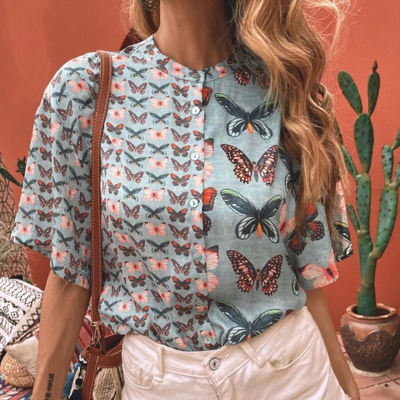 Tops - Boho Mint Butterfly Button up Short Sleeve Top